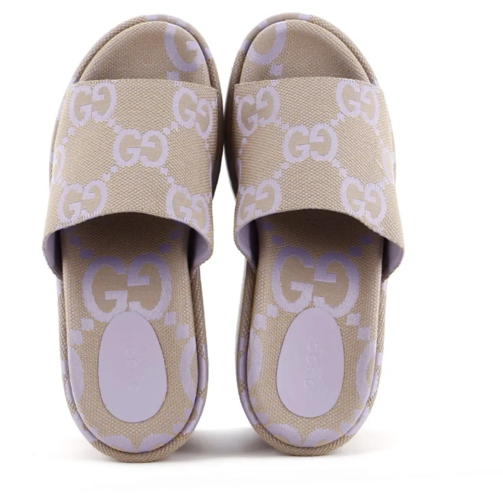 Gucci Beige and White GG Canvas Platform Slide Sandal